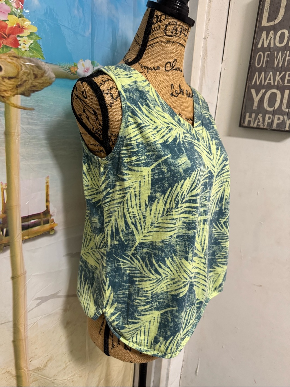 V-Neck Palm Print Tank Top in Lime Green and Teal